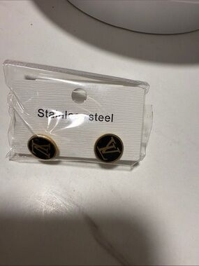 Black and Gold Round Logo Stud Earrings